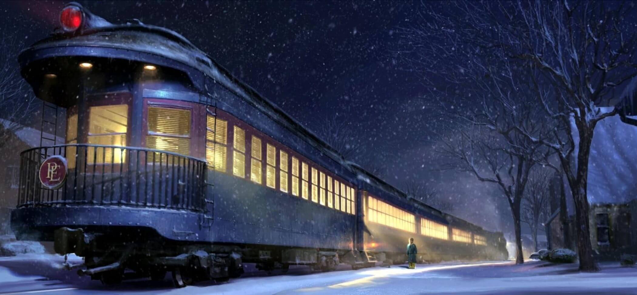 The Boy stands outside his home at night in the snow watching the Polar Express pass by.