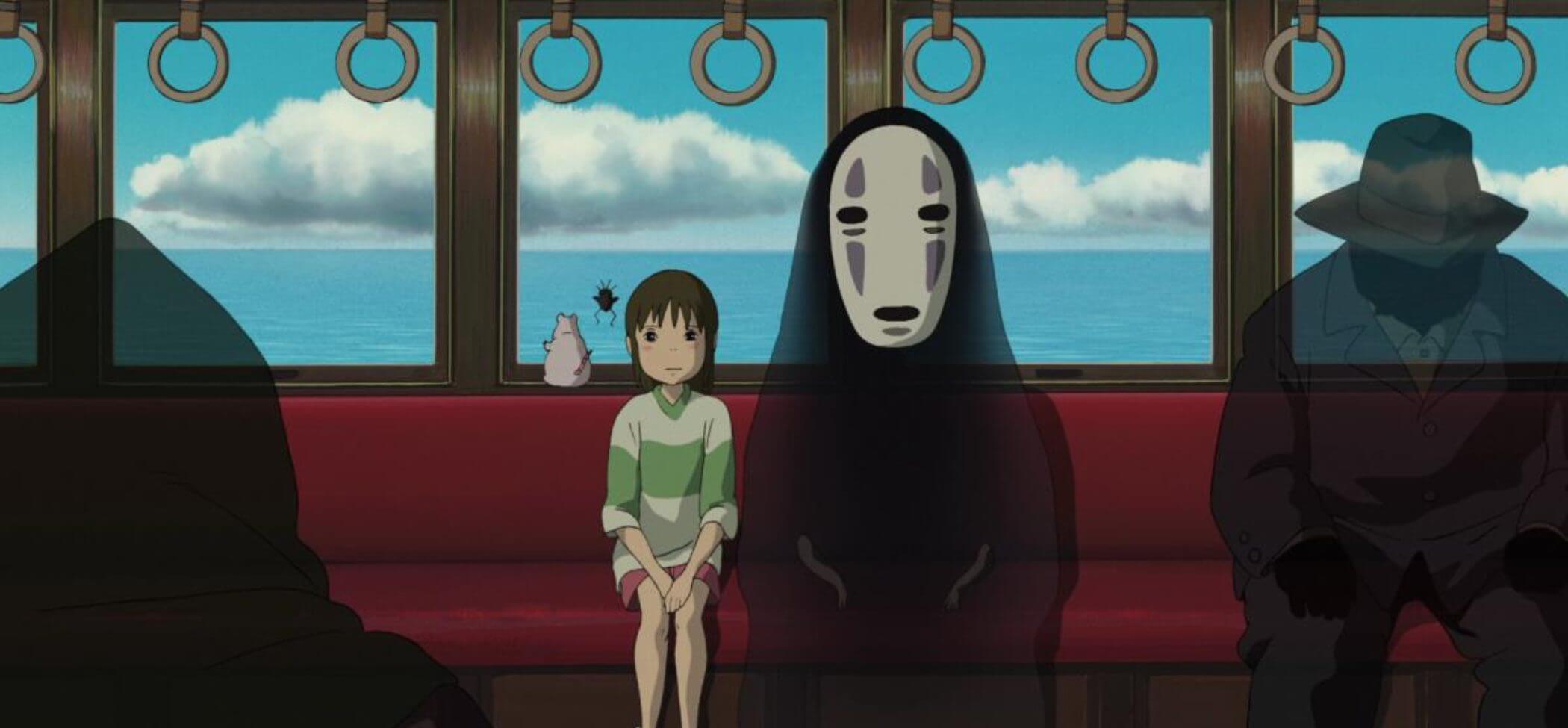 Chihiro, No-Face, and Boh take the Sea Railway to see Zeniba in Swamp Bottom.