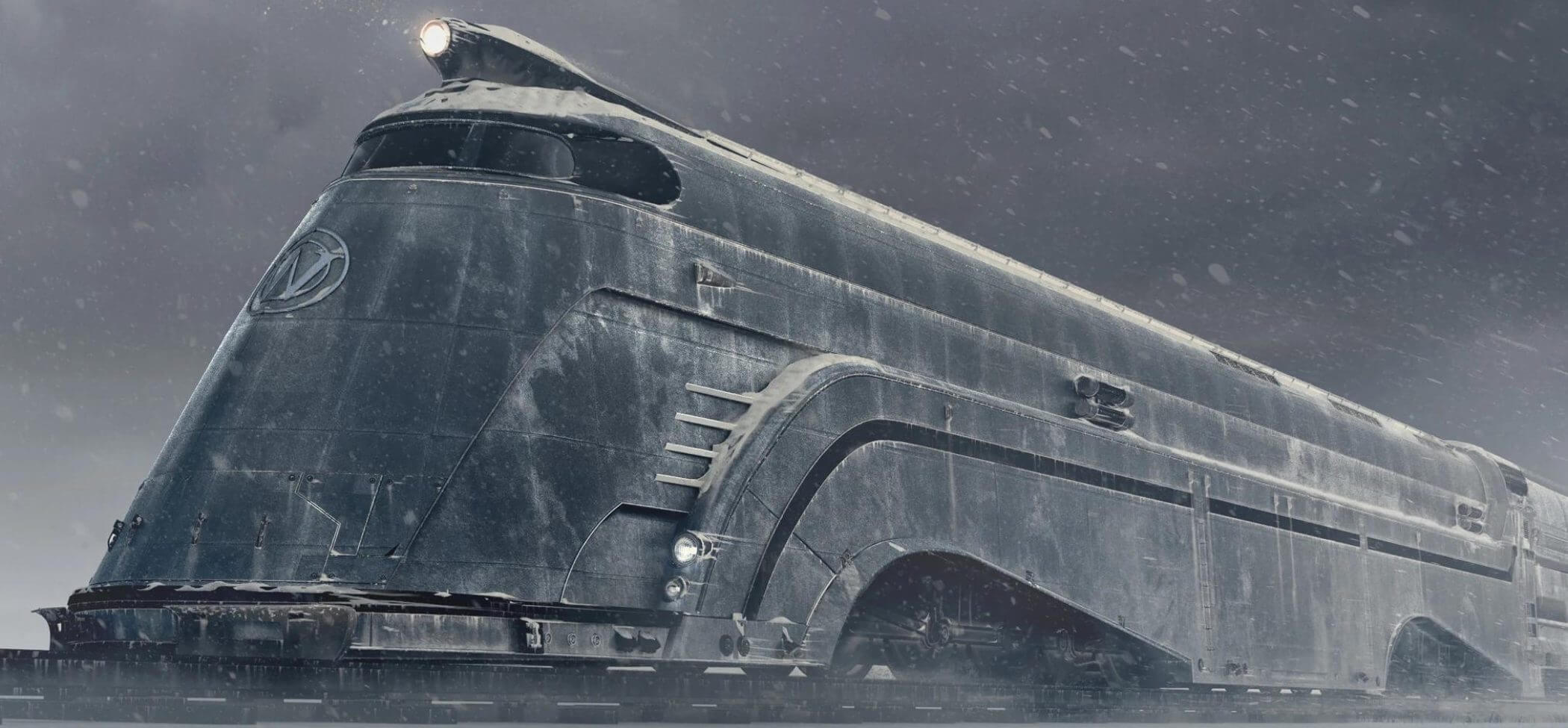 The Snowpiercer— massive, gunmetal gray, and impenetrable— stands proudly against a dreary, snowy background.